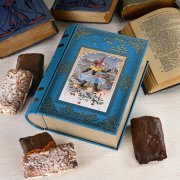 Book-shaped gingerbread tin surrounded by square Nuremberg Lebkuchen and books Book-shaped gingerbread tin surrounded by square Nuremberg Lebkuchen and books