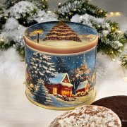 Blue decorative gingerbread tins with Christmas gift design, surrounded by festive ornaments and Elisen Lebkuchen, traditional G Blue decorative gingerbread tins with Christmas gift design, surrounded by festive ornaments and Elisen Lebkuchen, traditional G