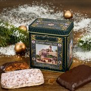 Red gingerbread gift tin with Nuremberg mini Elisen Lebkuchen and Christmas decorations, traditional German holiday gift packagi Red gingerbread gift tin with Nuremberg mini Elisen Lebkuchen and Christmas decorations, traditional German holiday gift packagi